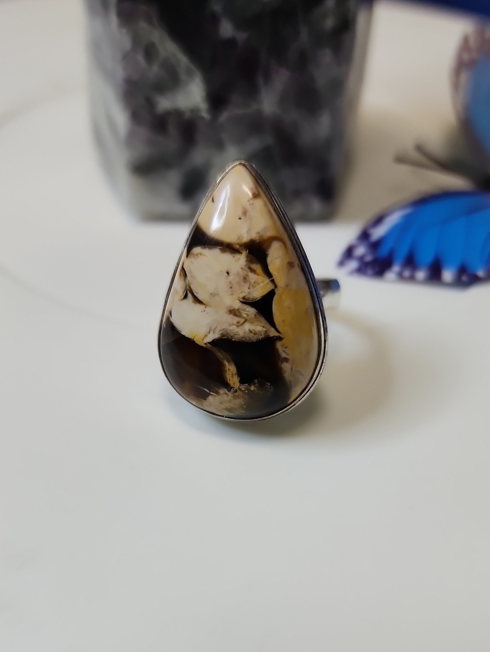 Teardrop Cream and Brown Agate Statement Ring - Women Jewelry